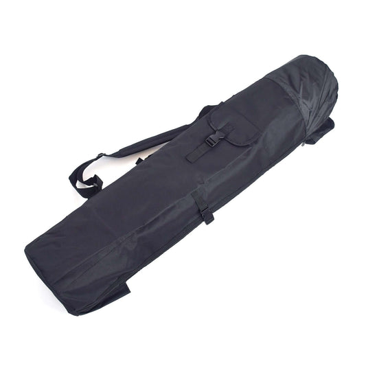 Durable black cylindrical fishing rod bag with shoulder strap for protection and easy transport of fishing gear.