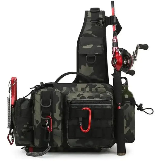 Fishing tackle backpack with rod holder, camo design, features multiple pockets for gear storage and accessories.