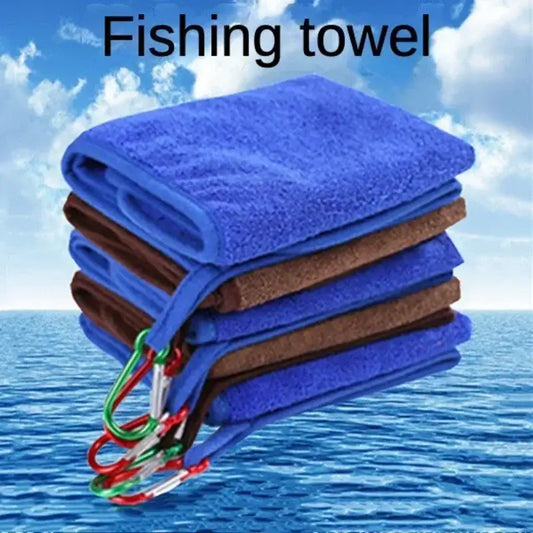 Stack of thick, absorbent fishing towels in blue and brown colors, designed for quick-drying and easy portability.