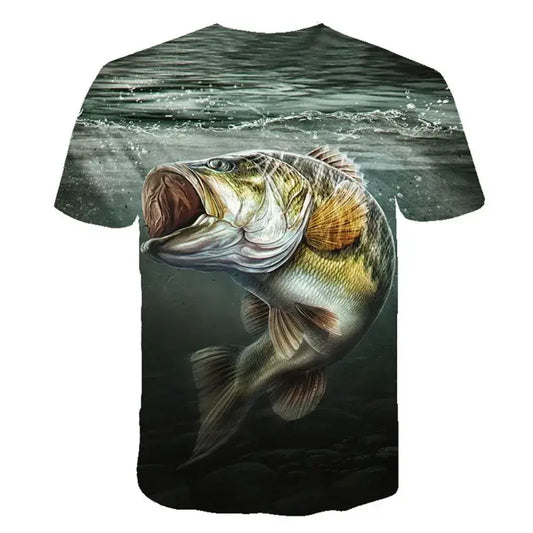 Men's casual fishing t-shirt featuring a vibrant 3D print of a bass fish, perfect for summer outdoor activities.