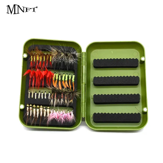 Fly fishing flies kit inside green tackle box, featuring assorted handmade dry and wet flies for trout and bass fishing.