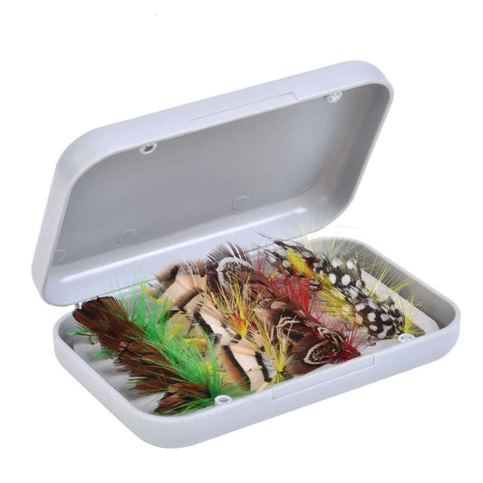 Fishing tackle box filled with colorful artificial fly lures for fly fishing enthusiasts.