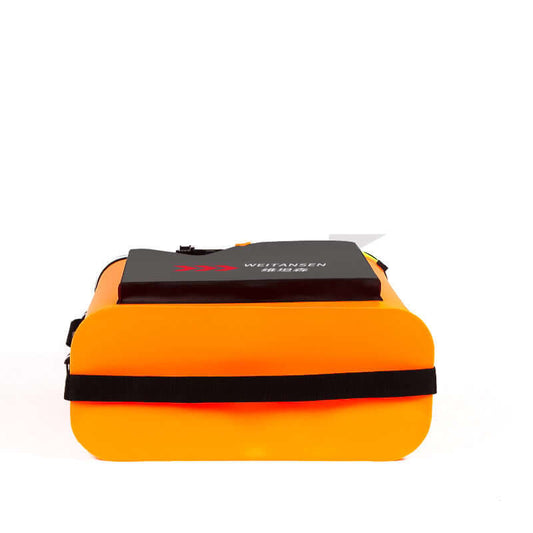 Foldable live fish bucket in vibrant orange color, designed for easy transport and storage for fishing enthusiasts.