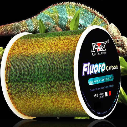 FTK speckled fluorocarbon fishing line spool with vibrant green and yellow colors, ideal for stealthy fishing.