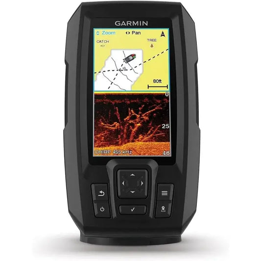 Garmin Striker 4cv fishfinder display showing CHIRP sonar and ClearVu scanning imaging.