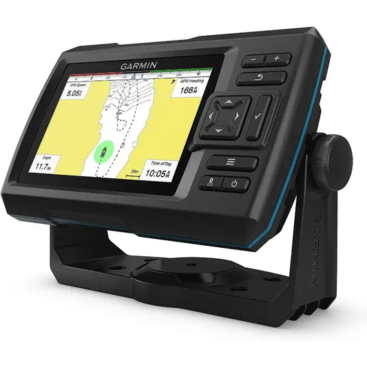 Garmin Striker Vivid 5cv fishfinder showing GPS map and sonar readings on a 5-inch color display.