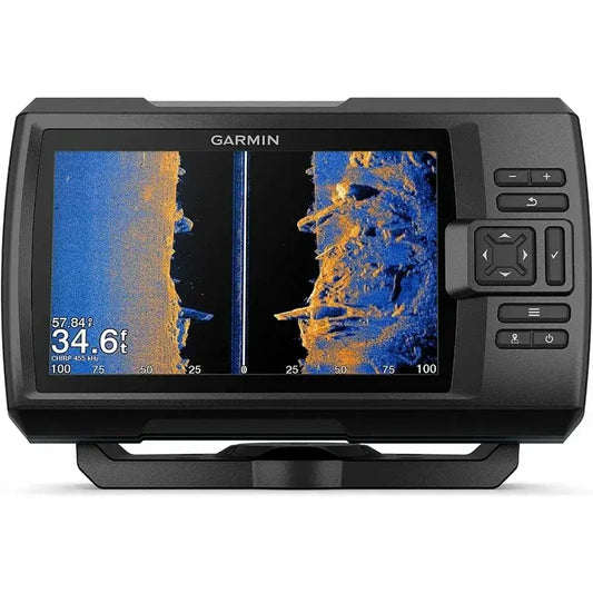 Garmin Striker Vivid 7sv fishfinder displaying high-resolution sonar images for fish finding.