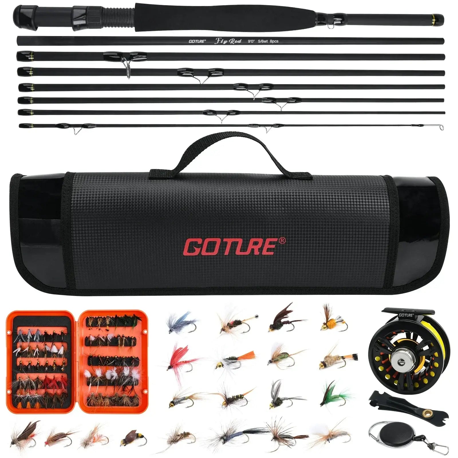 Goture 2.7m fly fishing rod set with reels, tackle bag, and flies for portable fishing.