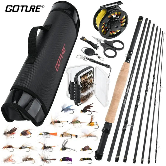 Goture 9FT fly fishing rod set with reel, tackle bag, and assorted flies for lakes and rivers.