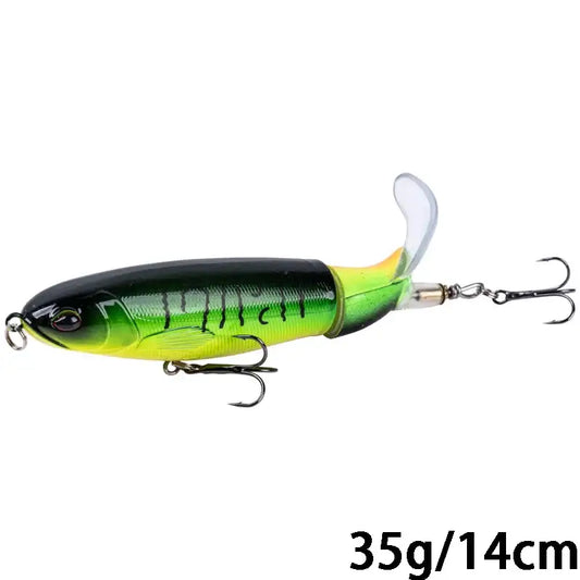 Goture Whopper Popper 14cm topwater fishing lure with rotating tail for pike and predator fish, 35g weight.