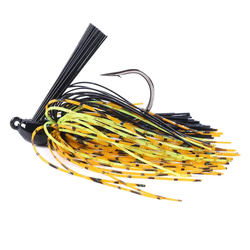 HENJIA 10g spinnerbait in black and yellow, designed for catching large mouth bass and pike with optimal vibration and flash.