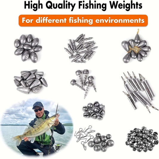 High quality fishing weights for various fishing environments, showcasing diverse styles and a happy angler with a catch.