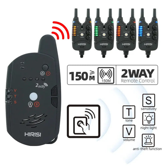 Hirisi Carp Fishing Alarm Set featuring wireless remote control, 150m range, and programmable settings for alerts.