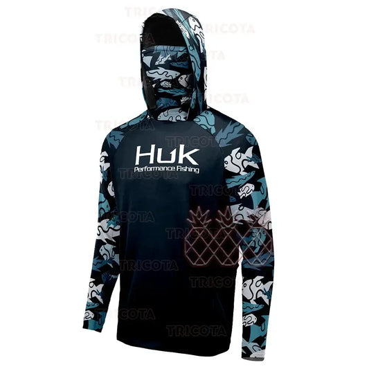HUK UPF 50+ hooded fishing shirt in camouflage design for UV protection and quick-dry comfort.