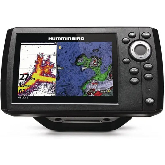 Humminbird 411660-1 Helix 5 Chirp GPS G3 fish finder with sonar display and GPS chartplotting features.