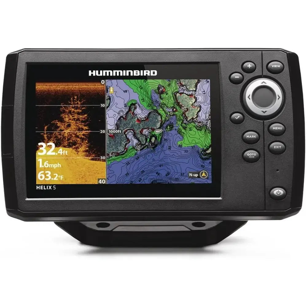Helix 5 Chirp DI GPS G3 Fish Finder displaying underwater sonar and mapping features for anglers.
