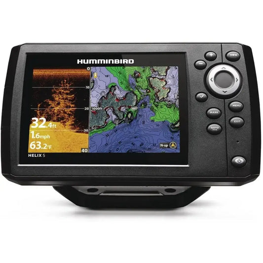 Humminbird Helix 5 Chirp DI GPS G3 Fish Finder displaying sonar and map features, ideal for fishing navigation.