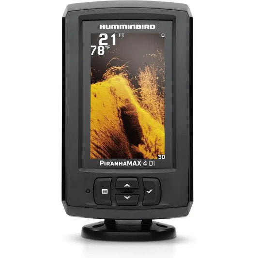 Humminbird PiranhaMAX 4 DI fish finder showing Down Imaging sonar display for fishing applications.