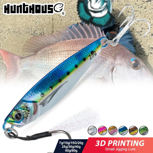 Hunthouse metal jig fishing lure with vibrant 3D printing, ideal for saltwater fishing targeting SeaBass and Bonitos.