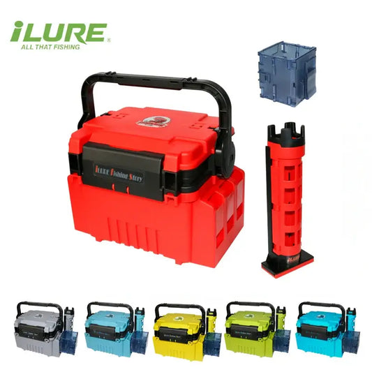 ILURE Fishing Tackle Box red multifunction storage case with rod holder and cup holder for anglers.