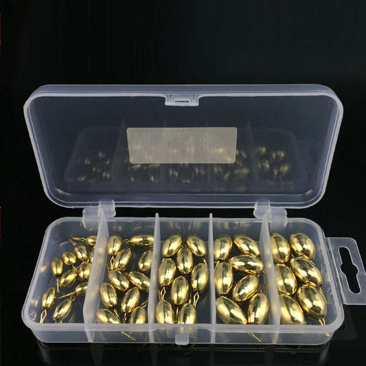 Inverted fishing copper sinkers displayed in a clear storage box, showcasing various sizes for fishing needs.