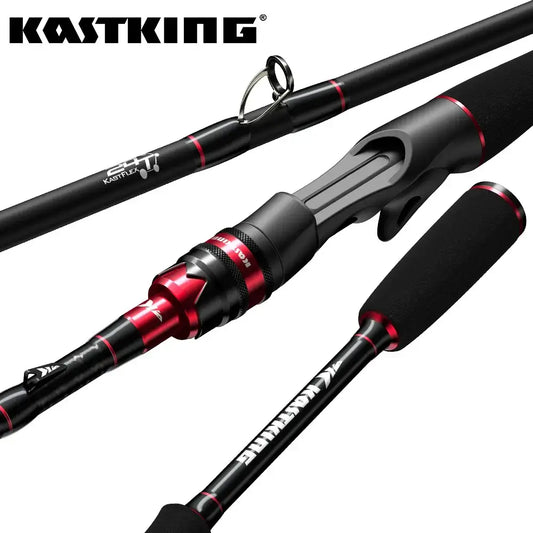 KastKing Max Steel carbon spinning fishing rod showcasing red and black design, suitable for bass and pike fishing.