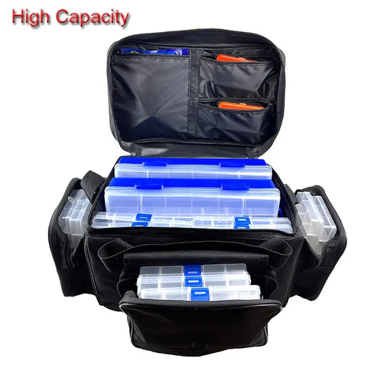 Large capacity fishing bag opened with multiple storage boxes for tackle organization and waterproof protection.