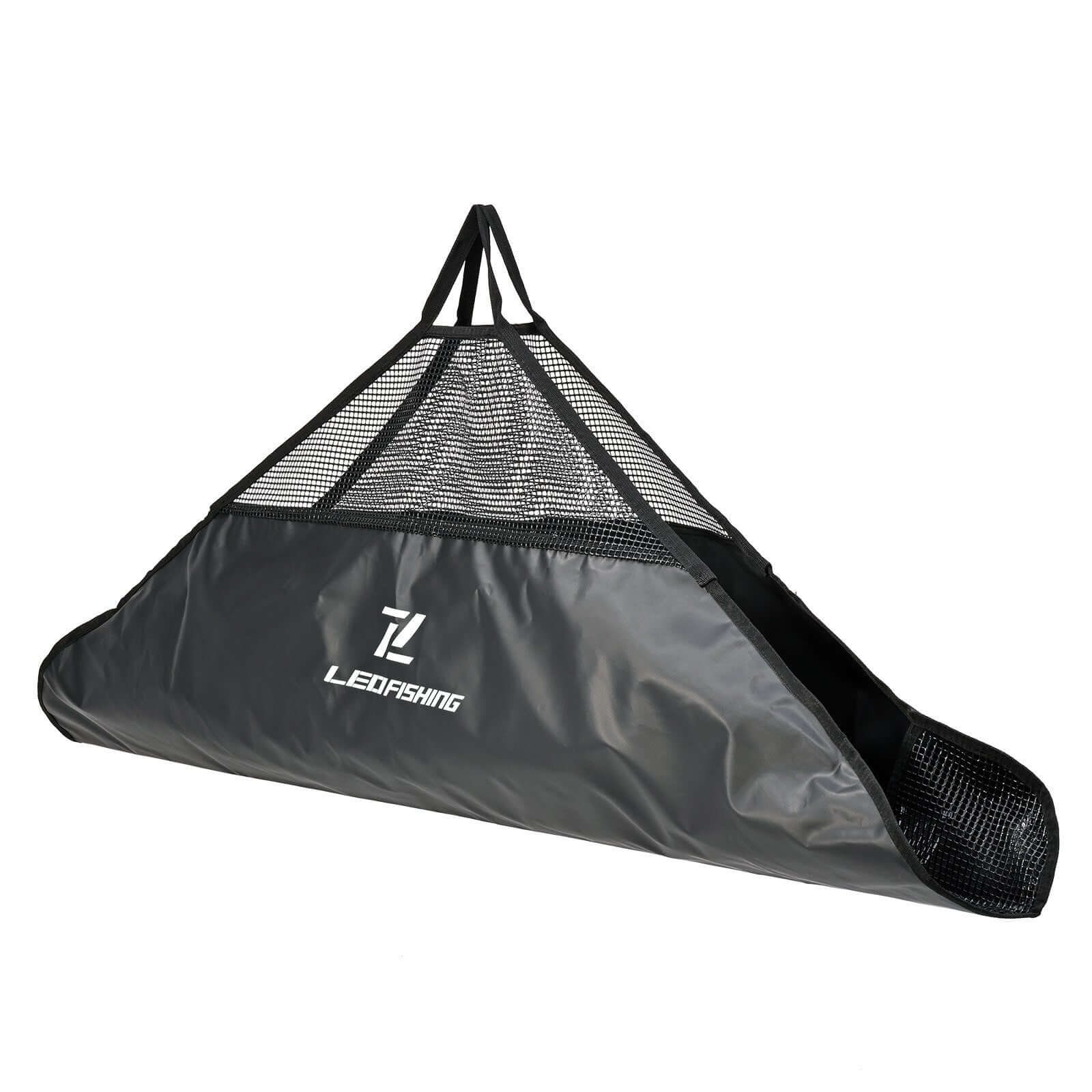 Durable black mesh fishing gear mat with a triangle design, ideal for precision catch measurement and easy storage.