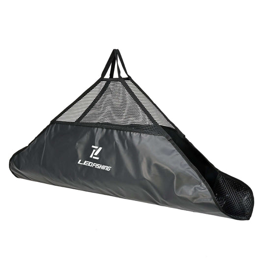 Durable black mesh fishing gear mat with a triangle design, ideal for precision catch measurement and easy storage.