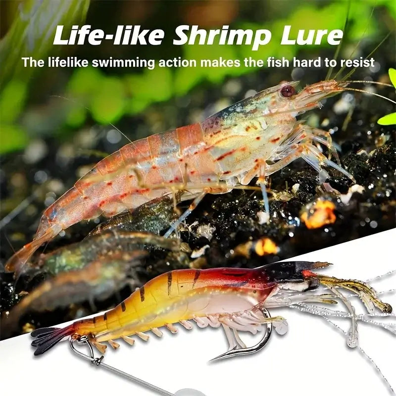 Lifelike shrimp fishing lure showing realistic swimming action to attract fish.