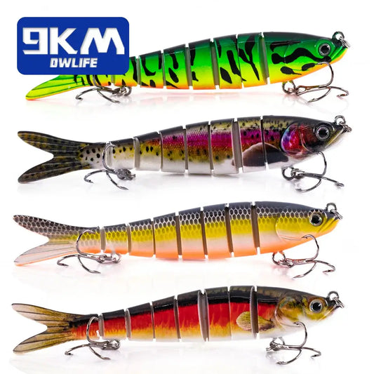 Lifelike multi-jointed fishing lures in various colors for bass and trout fishing, showcasing vibrant designs and durable materials.
