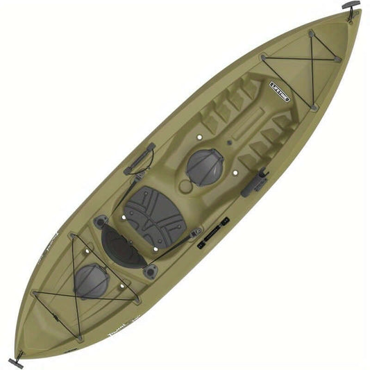 Lifetime Tamarack Angler sit-on-top kayak in dark green, 120-inch, featuring seated navigation and durable construction.