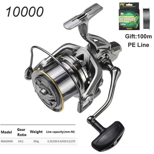 LINNHUE 10000 Big Spinning Fishing Reel with 100m PE line, max drag 20KG, suitable for saltwater and freshwater fishing.