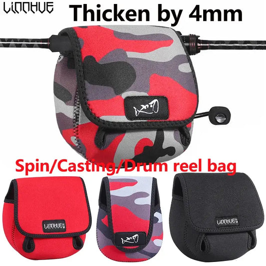 LINNHUE Portable Fishing Reel Bag in gray, red, and black; waterproof case for spin, casting, and drum reels.