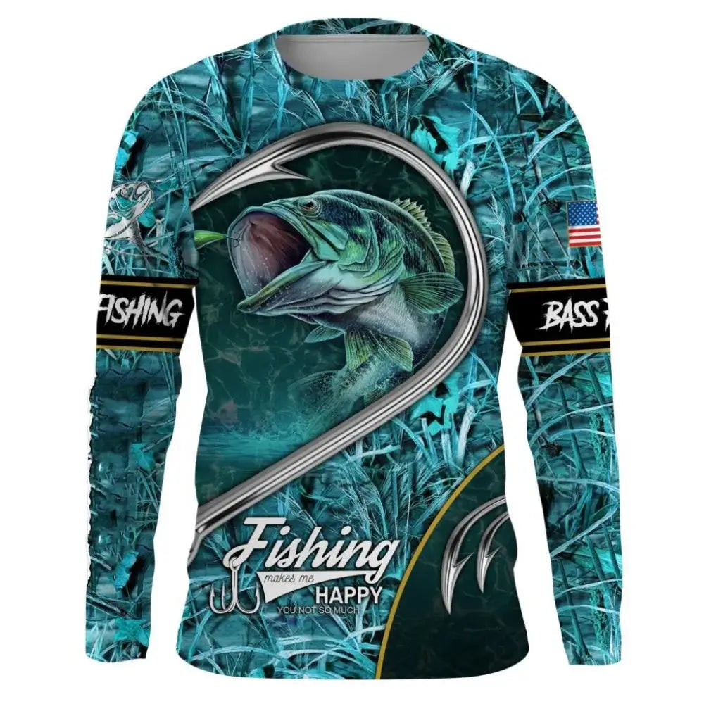 Men's long sleeve fishing shirt with a vibrant graphic design featuring a fish and fishing hooks, perfect for autumn outings.