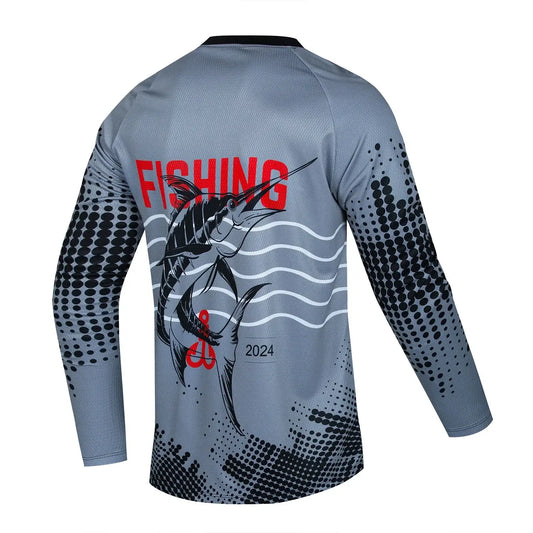 Men's long sleeve fishing shirt in gray, featuring a humorous graphic print and oversized fit, ideal for summer outdoor activities.