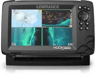 Lowrance HOOK Reveal fish finder display showing sonar and DownScan Imaging with fish targets.