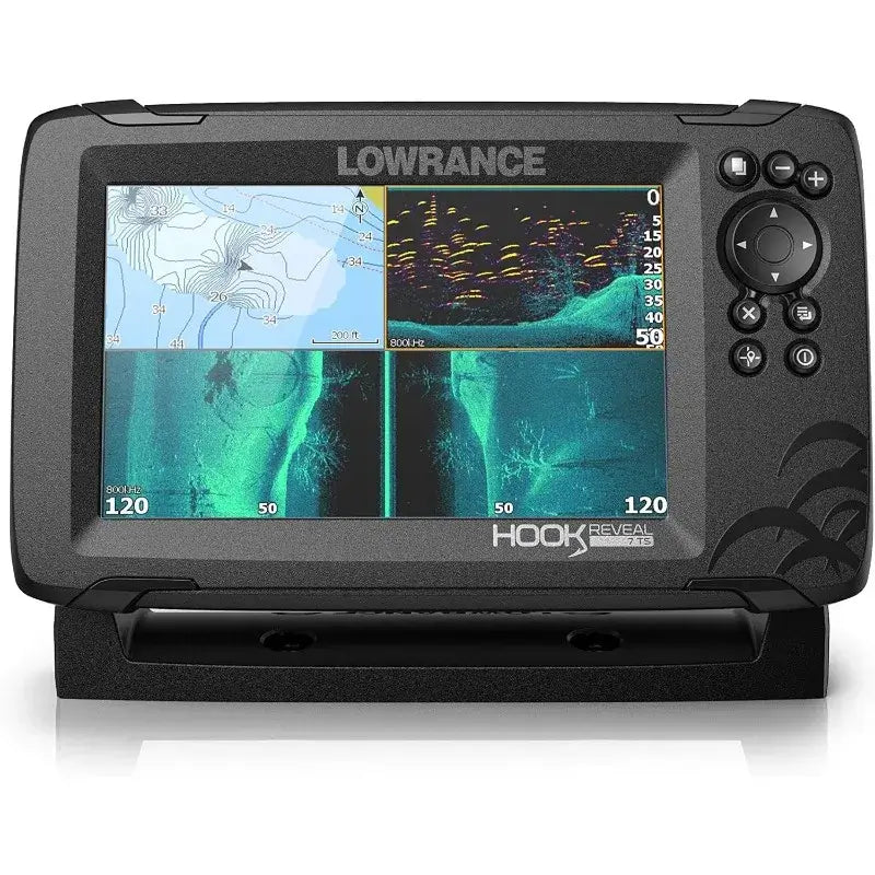 Lowrance HOOK Reveal fish finder displaying multi-screen sonar and mapping technology for enhanced fishing experience.
