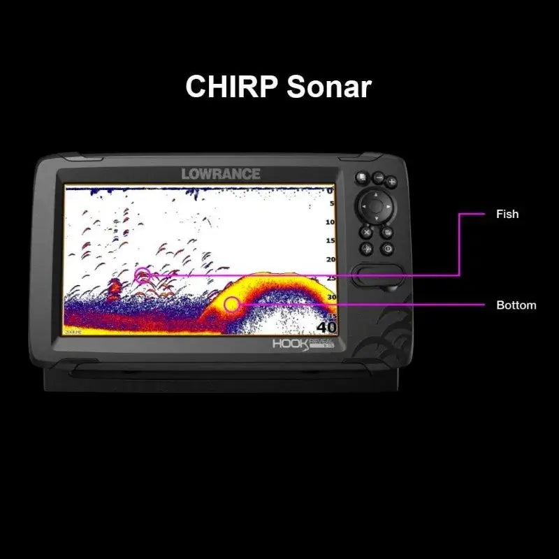 Lowrance HOOK Reveal fish finder displaying CHIRP sonar with identified fish and bottom structure.