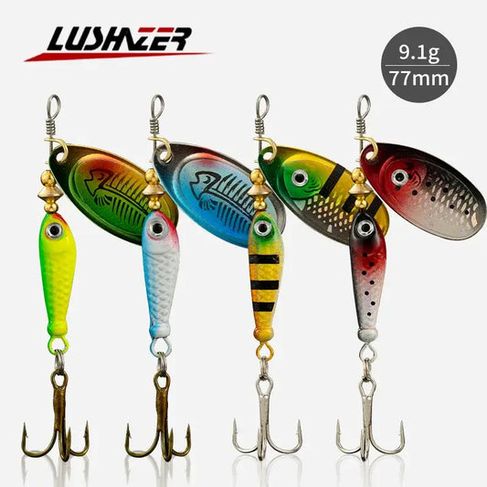 LUSHAZER fishing spinner bait set with colorful metal lures and treble hooks designed for effective fish attraction.