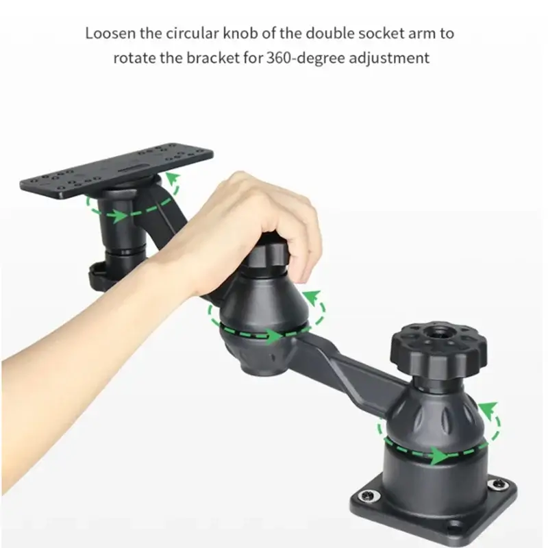 Hand adjusting a double socket arm for 360-degree rotation of a marine electronic mount.