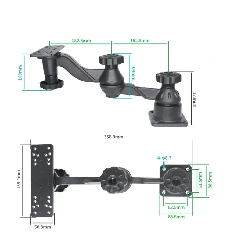 Dimensions and design of a marine electronic horizontal 12" swing arm mount for fishfinders and plotters.