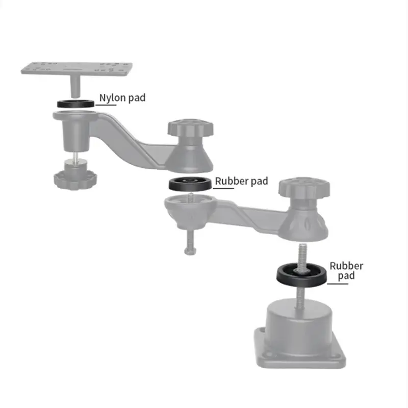 Marine electronic mount features nylon and rubber pads for stability and durability in harsh conditions.