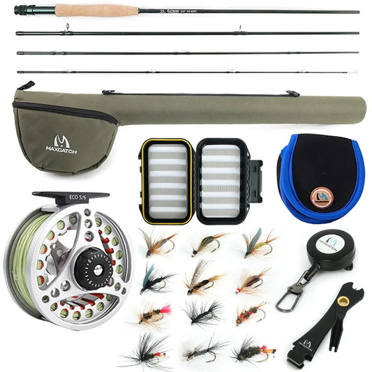 Maximumcatch fly fishing rod and reel combo set including flies, tackle bag, and accessories for 8'6"/9' rods.