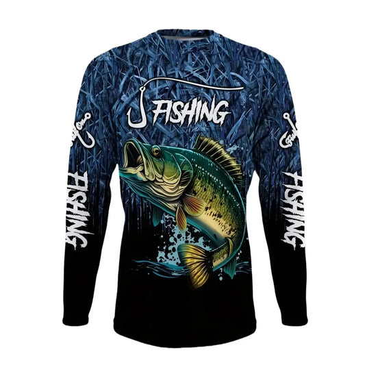 Men's long sleeve fishing shirt with a bass graphic, perfect for casual streetwear and outdoor activities.