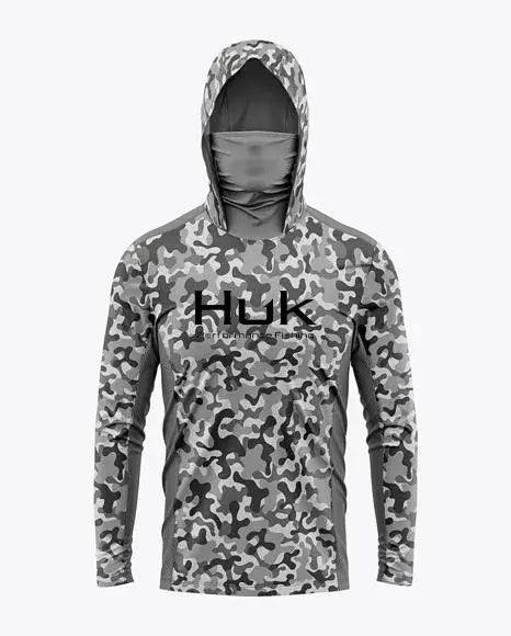 Men's camo fishing hoodie with UV protection and face cover for sun safety during outdoor activities.