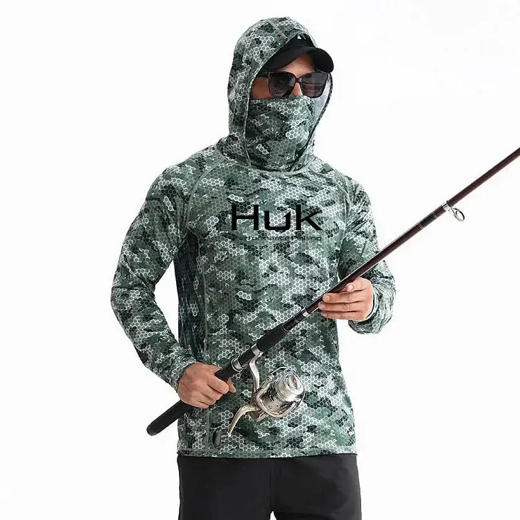 Men's fishing hooded sweatshirt in camouflage pattern, providing UV protection for outdoor anglers with fishing gear.