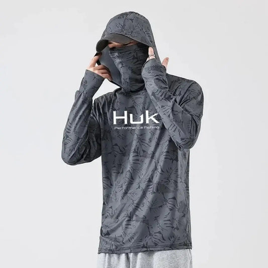 Men's grey UV protection fishing hoodie featuring a mask and hood for sun protection.