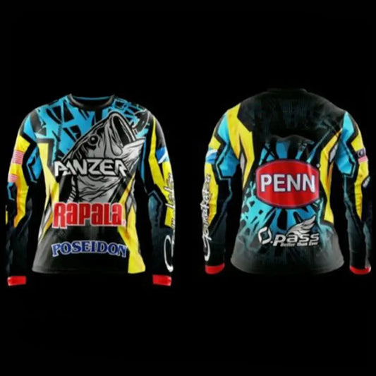 Men's fishing shirt with colorful fish graphics and brand logos, ideal for sun protection and outdoor activities.