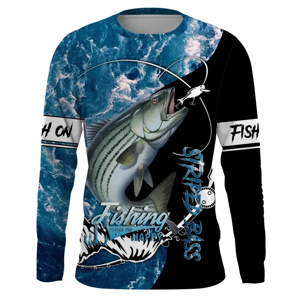 Men's long sleeve fishing shirt featuring a striped bass graphic, perfect for casual autumn wear and outdoor activities.